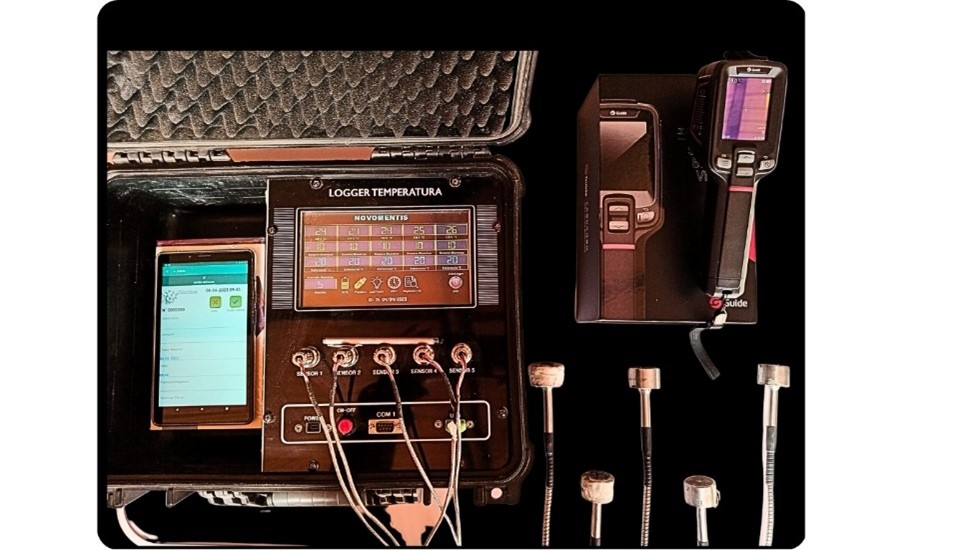 Maleta Logger con sensores de T°. Tablet con app de Novomentis y cámara termográfica. Equipo de Fabricación Propia